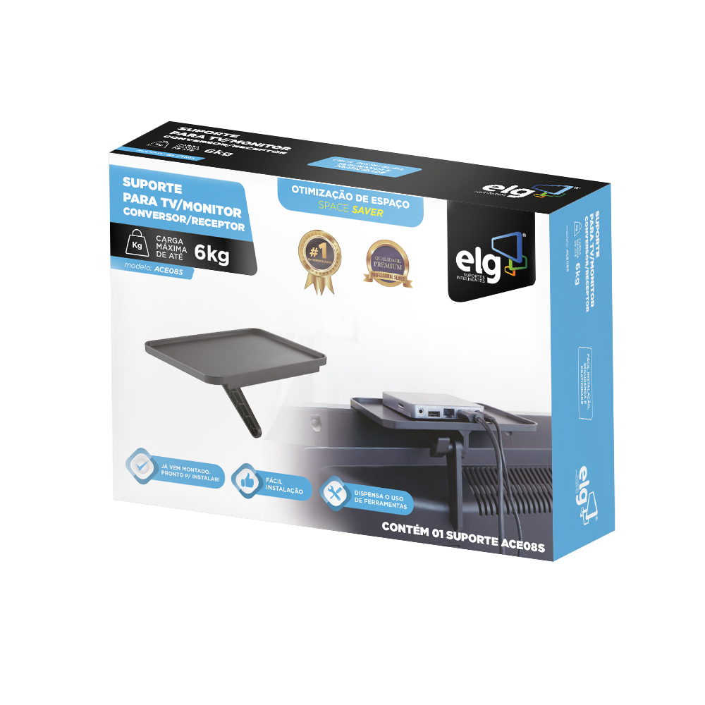 ACE08S - SUPORTE TIPO PRATELEIRA P/ SET-TOP BOX, CONVERSOR, RECEPTOR - P/ TV/MONITOR - PRETO - ELG