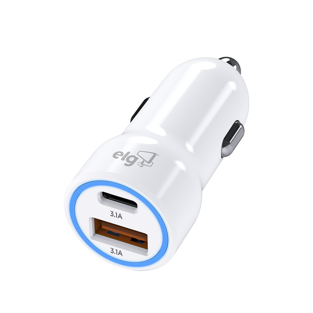 CARREGADOR VEICULAR UNIVERSAL 3.1A - SAÍDA USB TIPO-C E USB-A - BRANCO - CC2STC - ELG