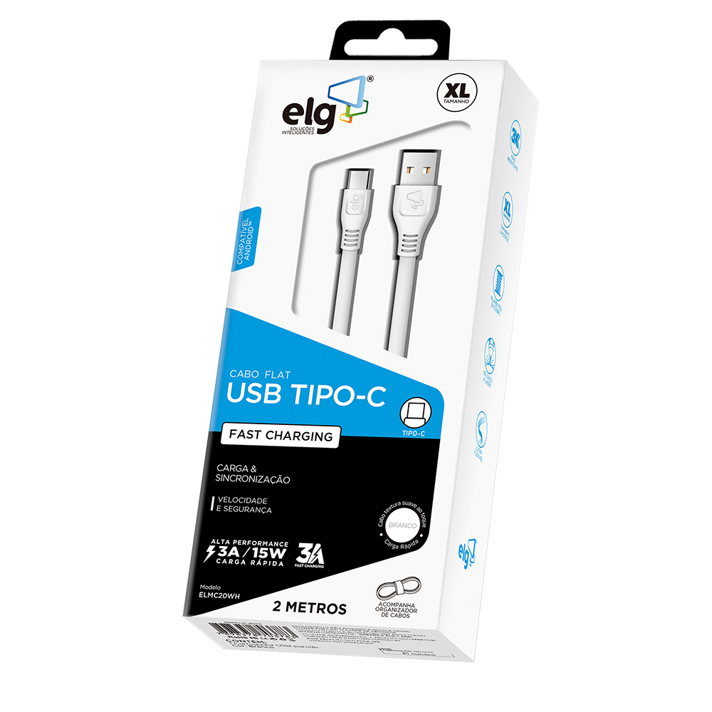 CABO FLAT USB TIPO-C REVERSIVEL - SINCRONIZACAO/RECARGA - EMBORRACHADO - BRANCO - ELMC20WH