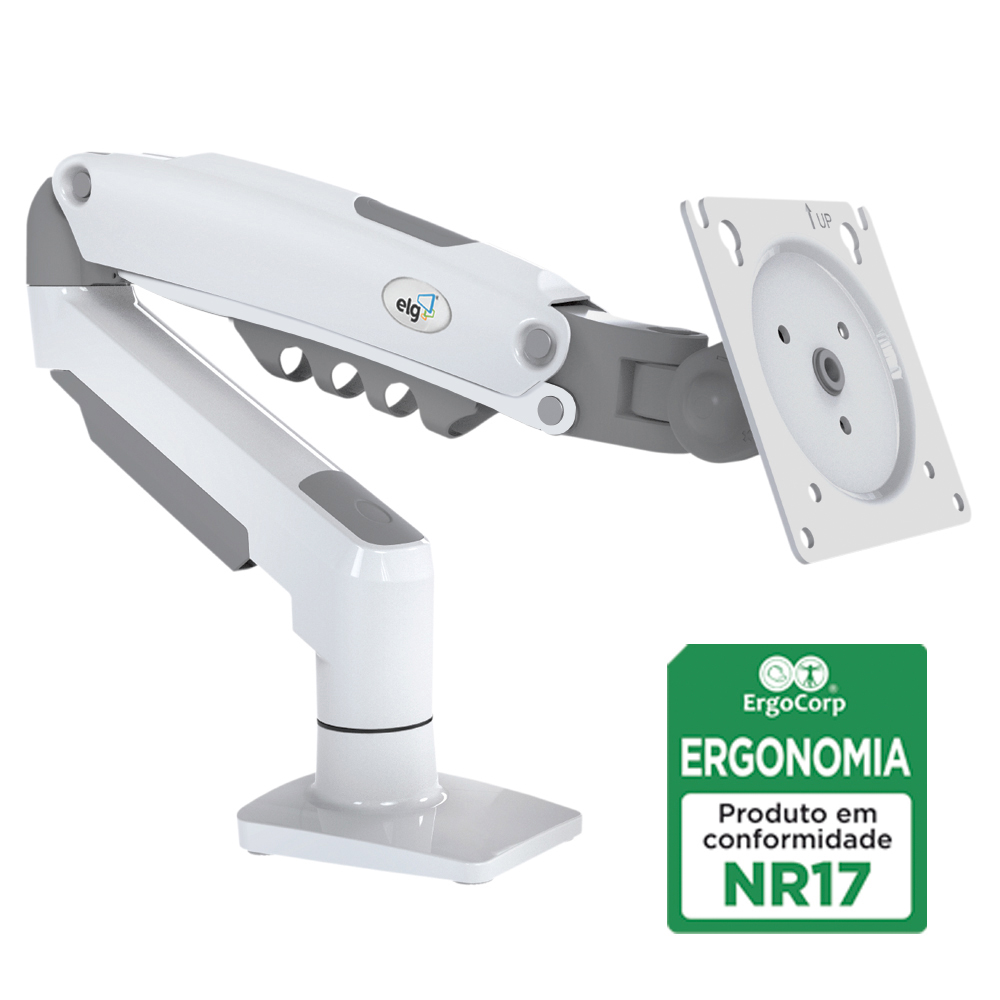 SUPORTE ERGONÔMICO ARTICULADO DE MESA COM PISTÃO A GÁS P/ MONITORES DE 17" A 35" - BRANCO - F80W