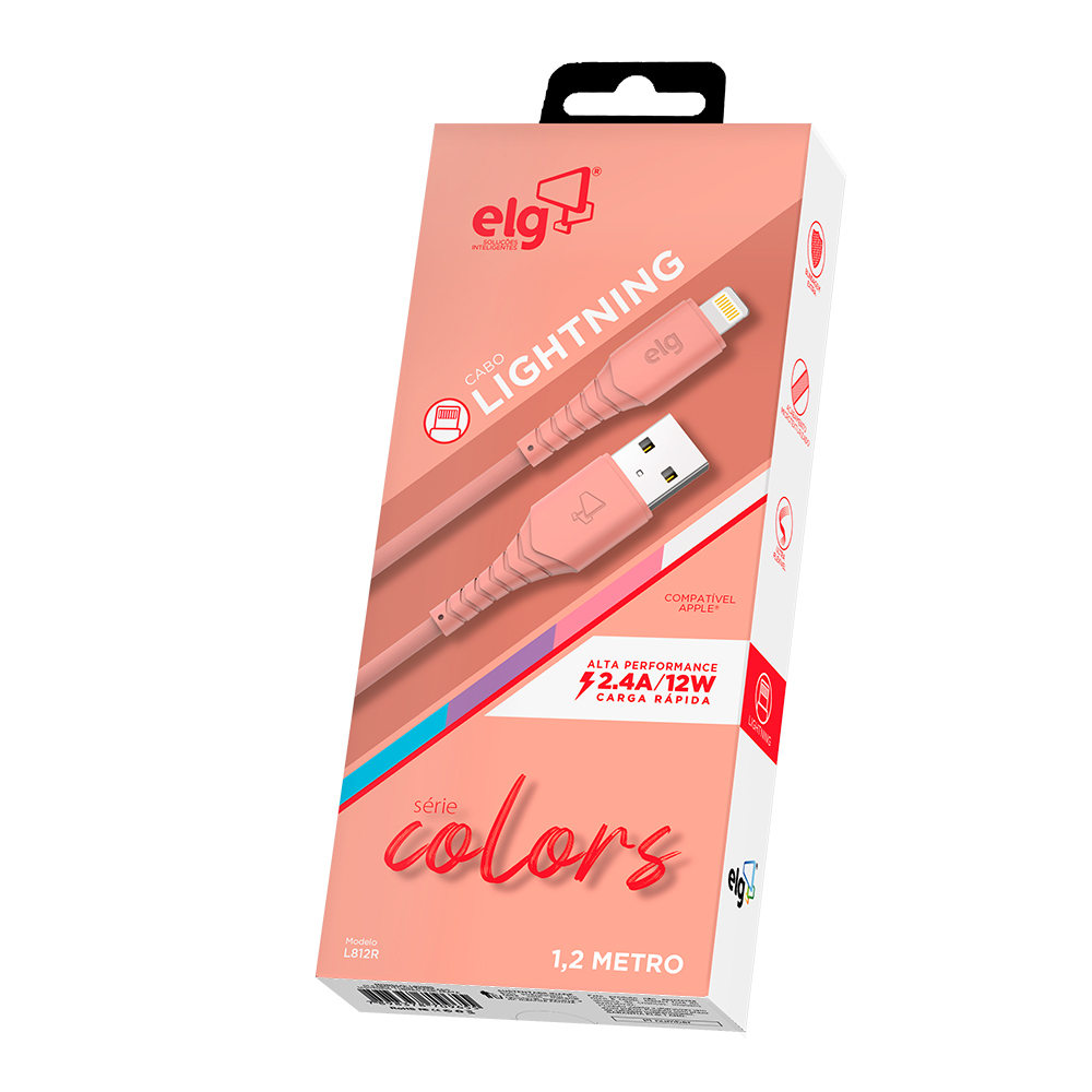 L812R - CABO 2.4A APPLE LIGHTNING 8 PINOS EMBORRACHADO - 1,2 METRO - SALMAO - ELG