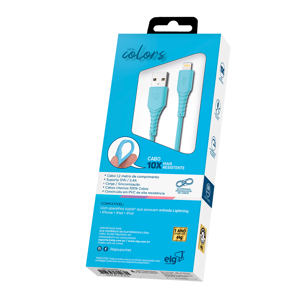 L812T - CABO 2.4A APPLE LIGHTNING 8 PINOS EMBORRACHADO - 1,2 METRO - AZUL - ELG