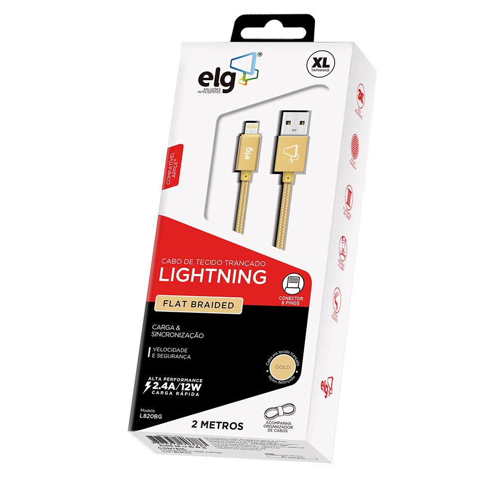 CABO LIGHTNING FLAT EM NYLON REFORCADO SINCRONIZACAO/RECARGA - 2M - DOURADO - L820BG
