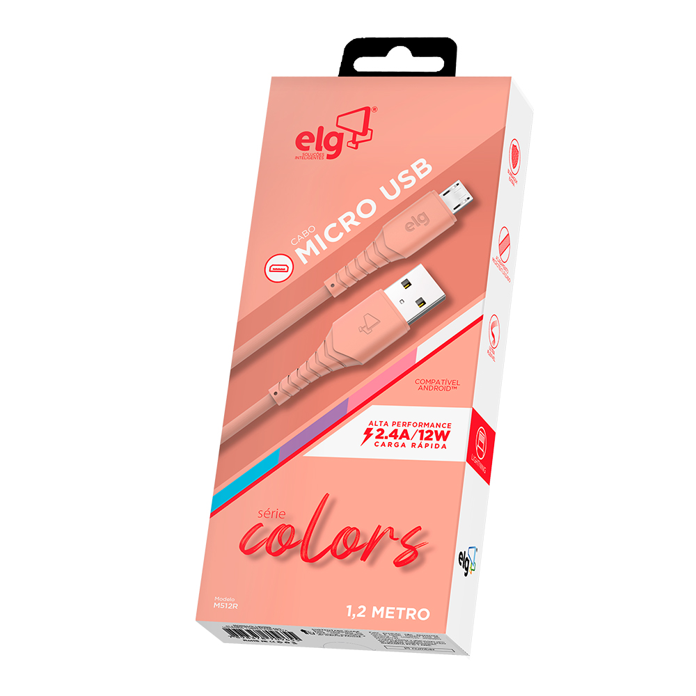M512R - CABO 2.4A MICRO USB EMBORRACHADO - 1,2 METRO - SALMÃO - ELG