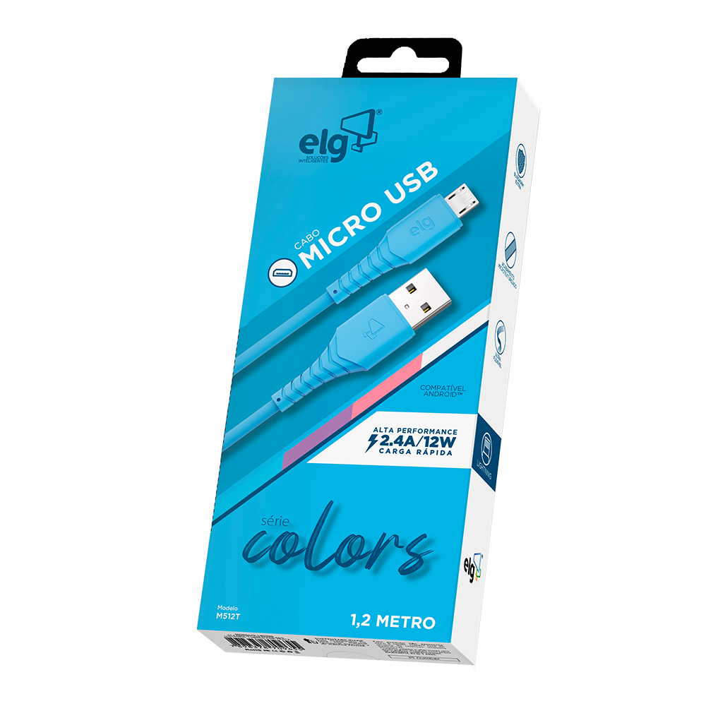 M512T - CABO 2.4A MICRO USB EMBORRACHADO - 1,2 METRO - AZUL - ELG