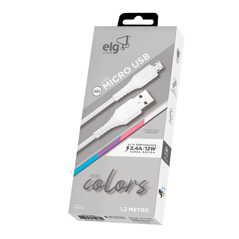 M512W - CABO 2.4A MICRO USB EMBORRACHADO - 1,2 METRO - BRANCO - ELG