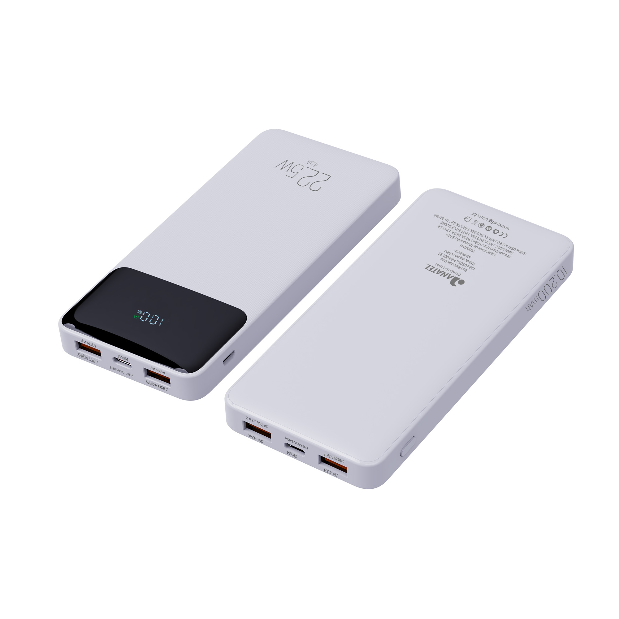 POWER BANK 10200MAH COM DISPLAY INDICADOR - BRANCO - PB102WH