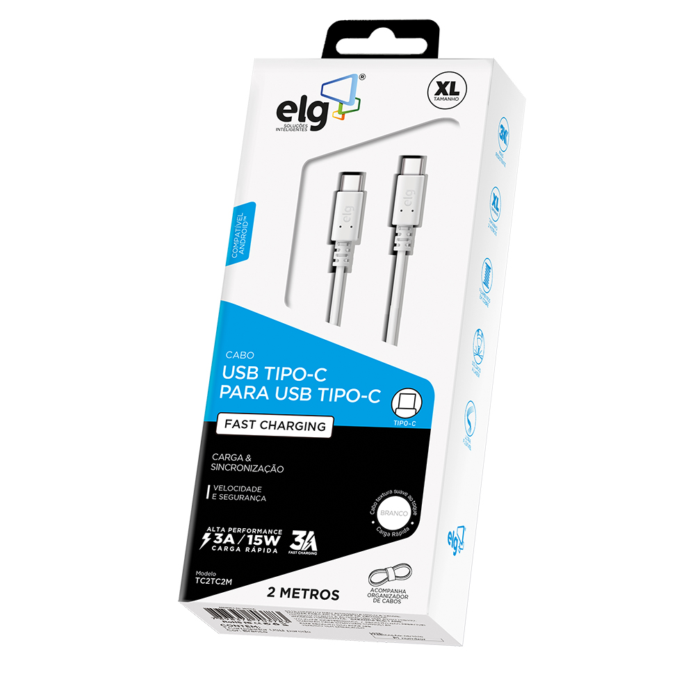 CABO USB TIPO-C PARA USB TIPO-C - 3.0 15W - SINCRONIZAÇÃO E RECARGA - 2 METROS - BRANCO - TC2TC2M - ELG