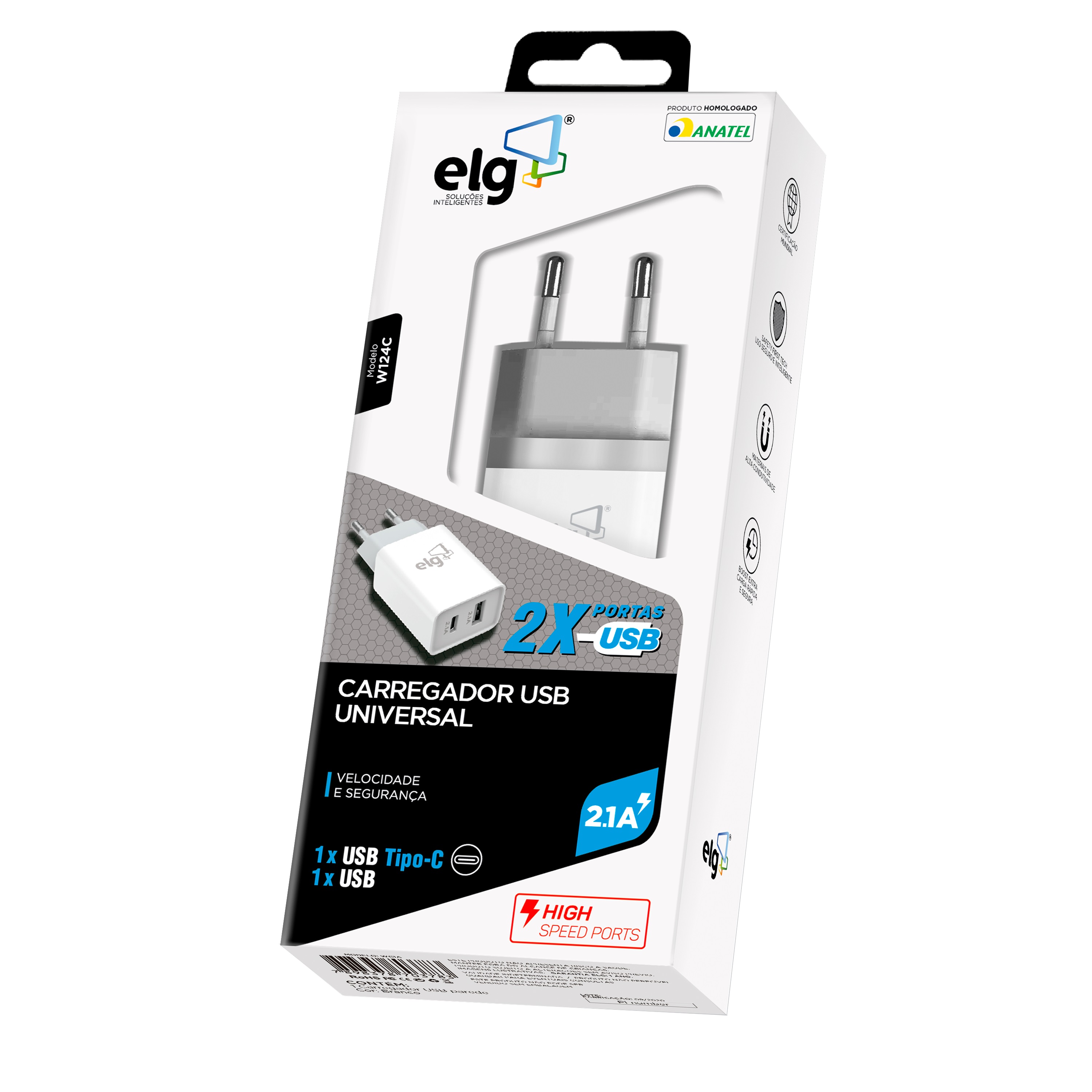 CARREGADOR DE PAREDE UNIVERSAL - 1 PORTA USB TIPO-C + 1 PORTA USB - 2.1A - BRANCO - W124C