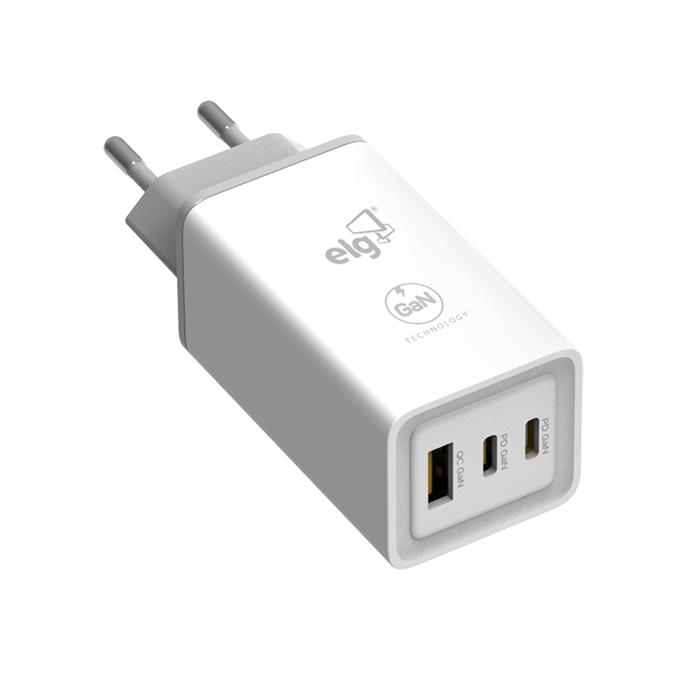W65GAN - CARREGADOR DE PAREDE 65W GAN - UNIVERSAL - 2 SAÍDAS USB TIPO-C E 1 SAÍDA USB-A  BRANCO - ELG